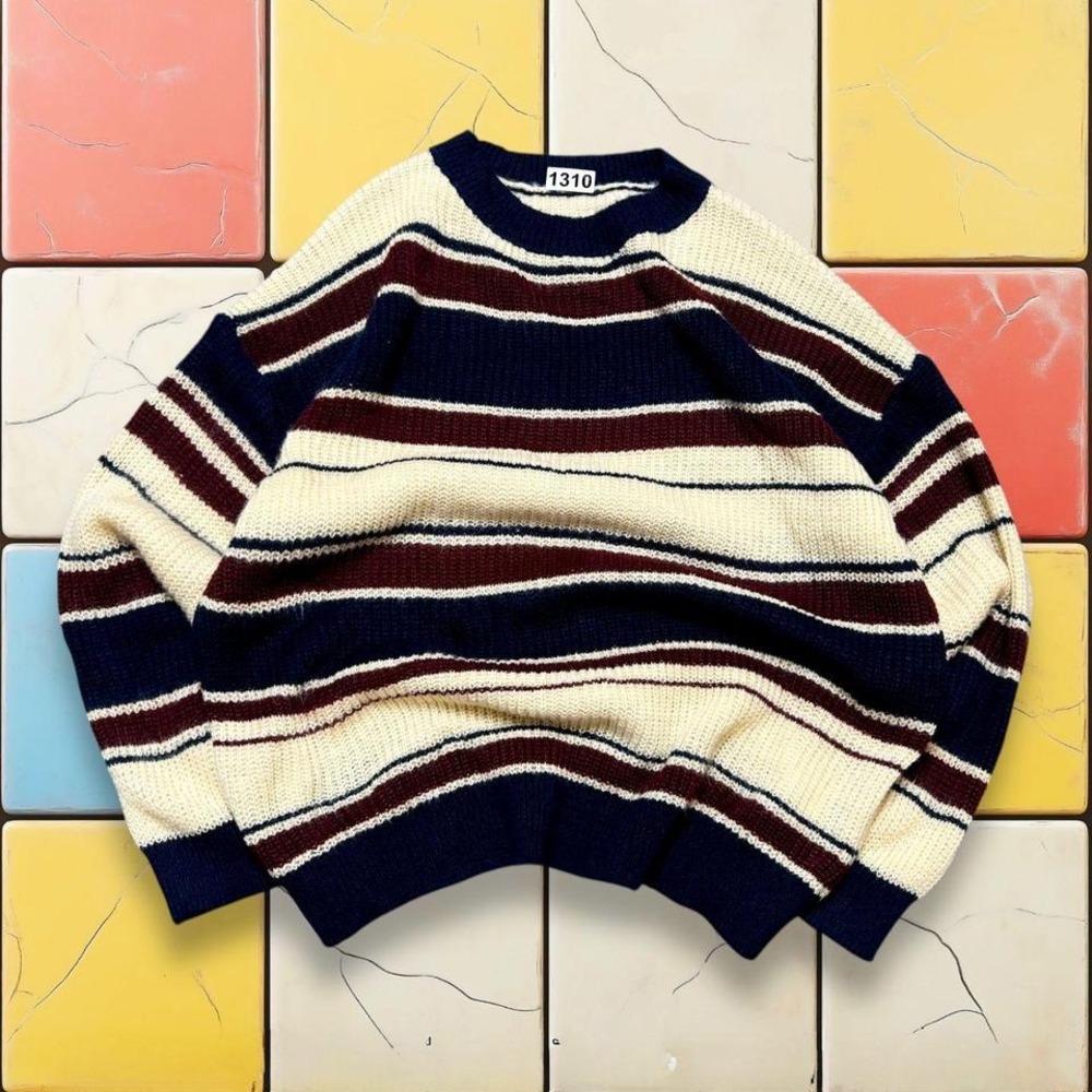 Knit Acrylic Striped Crewneck Sweater Y2K Woman S Cream Navy Jumper Pullover